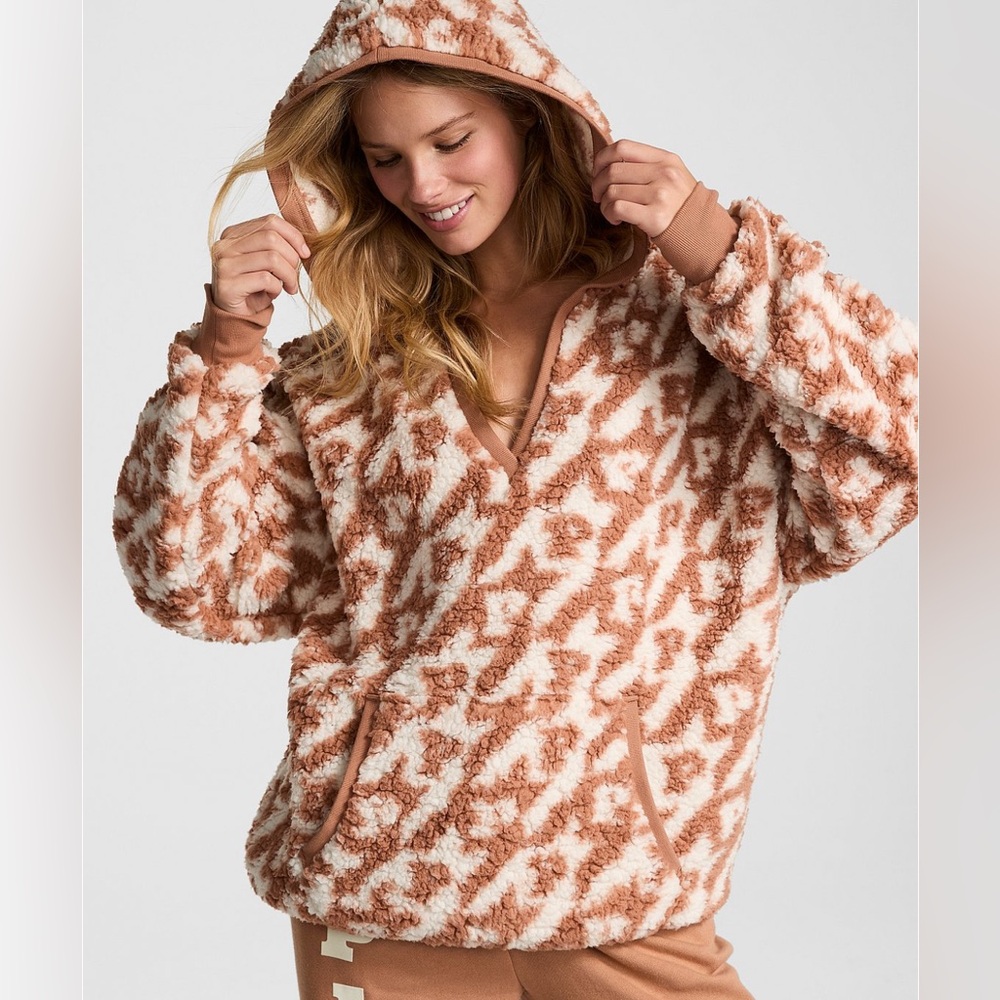Victoria’s Secret Pink Cozy Fleece Pullover Hoodie-White Shell/Toffee Logo Sz.M